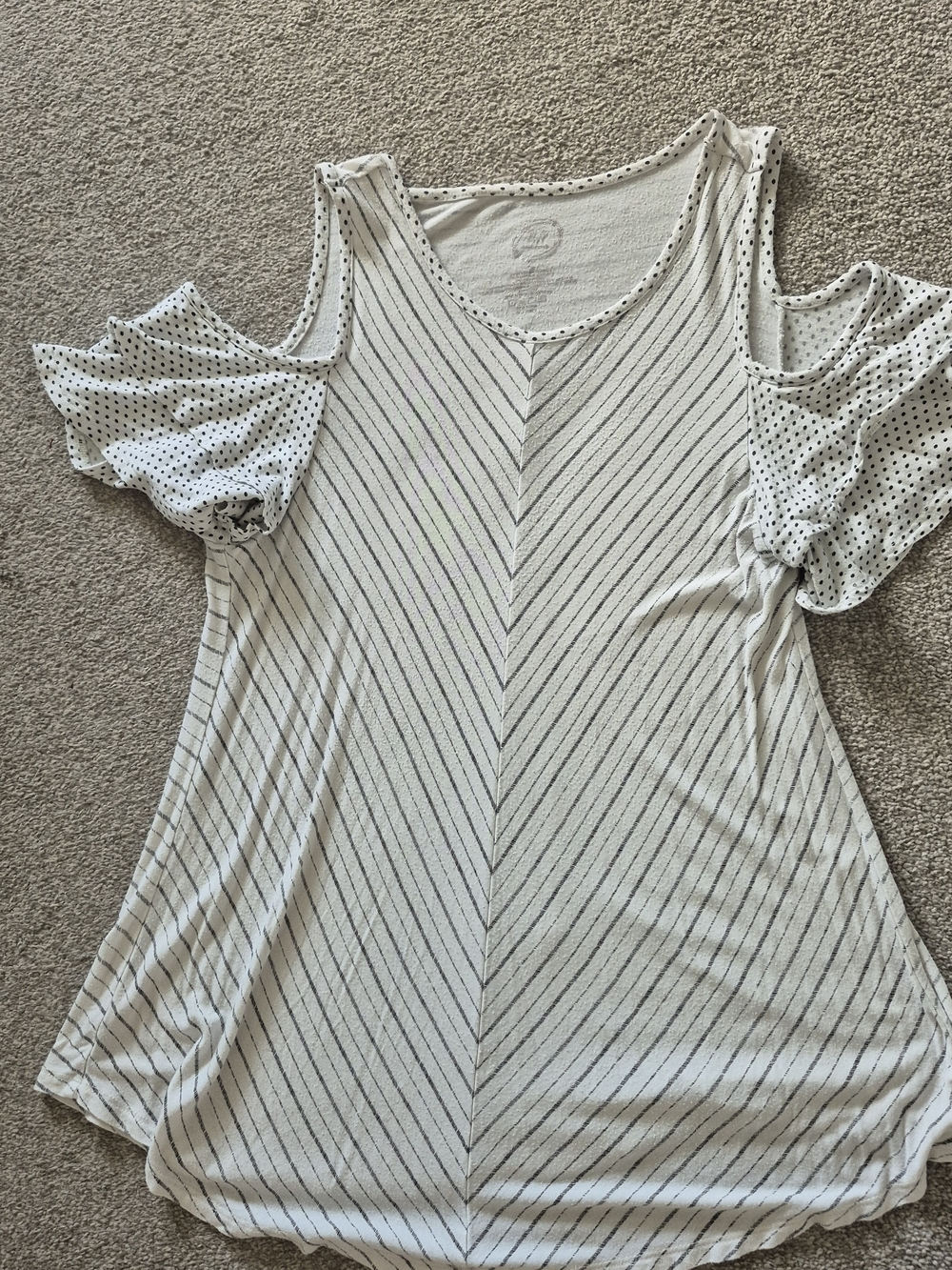 H&M White Striped Cold-Shoulder Tunic with Black Polka-Dot Sleeves